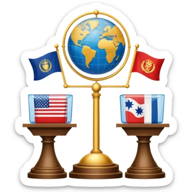 An icon featuring a podium with a speaker, national flags, and voting ballots, symbolizing political science. The design includes a globe and scales of justice in the background, representing governance, global affairs, and political theory. Transparent background emphasizes civic engagement sticker
