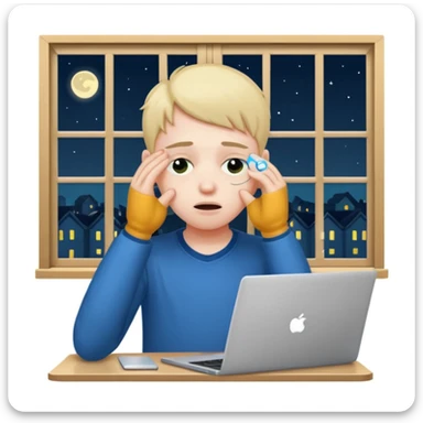 tired student with laptop, window at night behind, rubbing eyes with one hand sticker