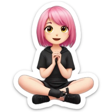 Full body Front view curvy emo girl pink hair sits on the floor straight view hands up black skirt полосатые рваные чулки sticker
