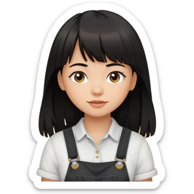 Make it a girl wil long hair like this and look like this  she has brown ish black hair and if has bangs with black overalls and a white shirt she’s not asian sticker