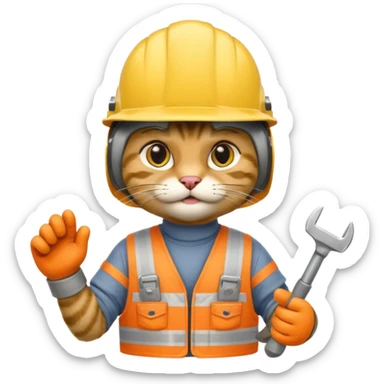 gray cat, handyman Outfit, wearing a Helmet sticker