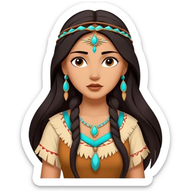 Cinematic Realistic Elegant Pocahontas Portrait, depicted with sun-kissed, warm skin rendered in lifelike detail and soft, natural lighting that accentuates its gentle glow. Her long, flowing dark hair is intricately detailed with natural movement, and her wise, expressive eyes shine with a deep, serene intensity. She is dressed in traditional attire with rich earthy tones and subtle turquoise accents, each fabric fold and texture rendered authentically. The portrait exudes a natural radiance that captures the timeless, indigenous beauty of Pocahontas with depth and authenticity. sticker