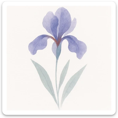iris flower in watercolor art style, flowing brushstrokes, rich purple and blue hues, elegant shape, naturalistic leaves sticker
