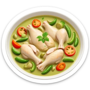 Cinematic Realistic Green Chicken Curry Dish Emoji, depicted with tender chicken simmered in a fragrant green curry sauce with vegetables rendered with rich textures and dynamic, vibrant lighting. sticker