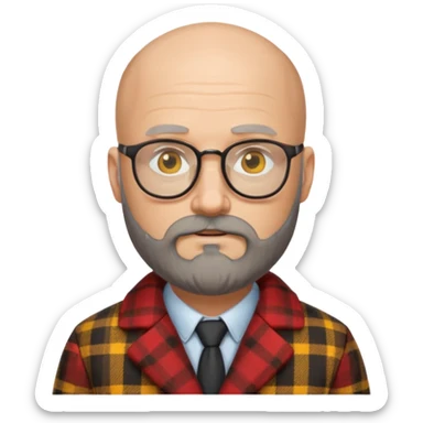Un profesor calvo, que tenga barba abundante, lleva gafas con el cristal de color amarillo y un abrigo de cuadros rojo sticker