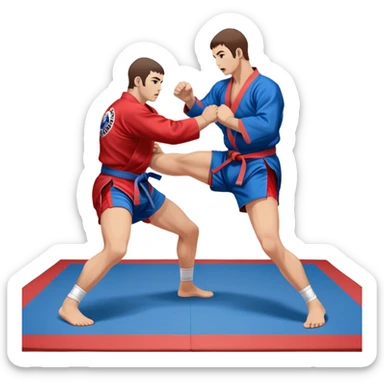 Two Sambo fighters in blue and red kimonos, with shorts and wrestling shoes, performing grappling and throwing techniques. The background shows a wrestling mat and an intense, focused atmosphere. Transparent background highlights the fluidity and skill of the sport without strikes. sticker