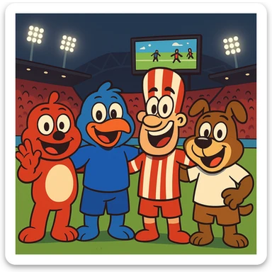 Make the five mascots much more cartoonish and exaggerated, with playful expressions and bold, fun shapes, while keeping the vibrant night soccer stadium, bright lights, green grass, red seats, large screen, and crowd in the background. Preserve the mascot colors and positions. sticker