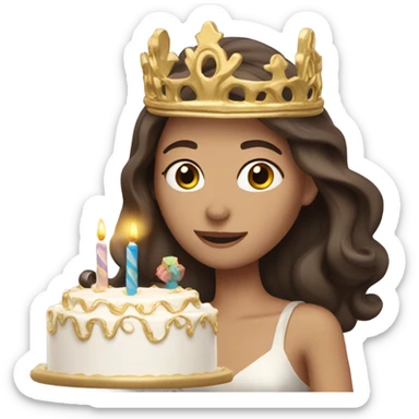 Long dark brow haired Caucasian with birthday cake and a gold tiara sticker