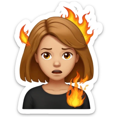 Woman with hair on fire looking stressed and panicked with brown shoulder length hair—longer hair please and light skin—an Irish gal sticker