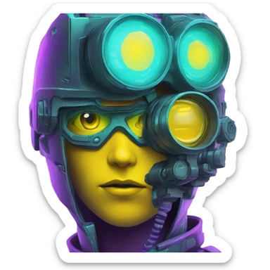 Secret human yellow emoji face agent with  cyberpunk elements with a spyglass scanning looking reviewing multicolor lines of code, cyan and purple colors, only upper body portrait sticker