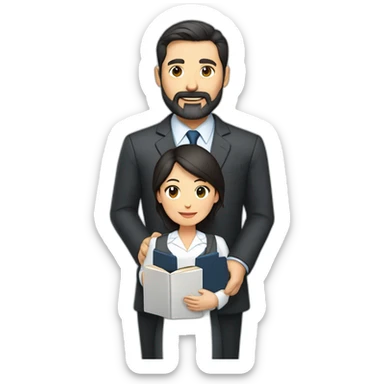 husband classic middle aged executive dark hair trimmed beard wearing business suit holding bible, with wife asian age 55 dark hair wearing nurse uniform sticker