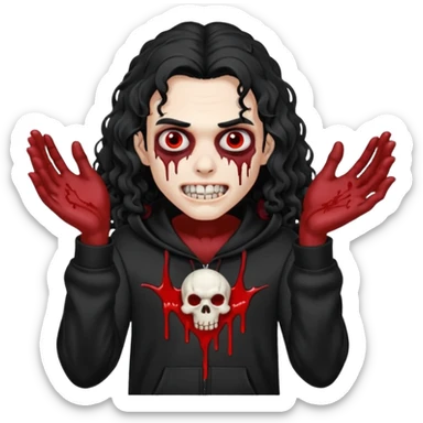 Vampire wearing a black hoodie with a skull logo on it, long curly hair that covers the forehead, fanged teeth and blood on hands sticker