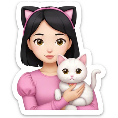Black hair asian pretty girl wearing pink puffsleeves top, holding a white cute cat sticker