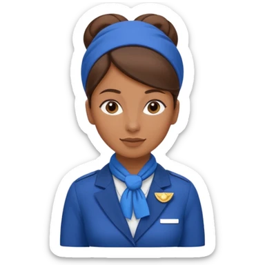 Brown tan skin flight attendant, brown hair in a bun, blue uniform, blue scarf sticker