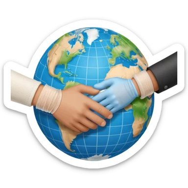 instead of two hands holding a globe, we have two hands handshaking in front of a globe. And in the background, we can see that the globe has a bandage or something. The handshake shows negotiation and the bandage around the globe shows improvement on climate change. Negotiation and climate change.  sticker