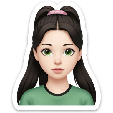 create an emoji of a young woman. She has a kind look, with long light brown hair in a single ponytail with a black hair tie, dark green eyes, pale skin, natural soft pink lips. she wears a green y2k top sticker