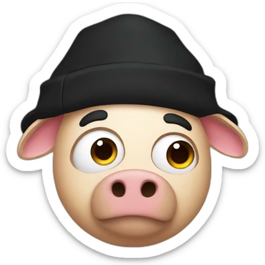 Bored brown hog in a black winter hat and black jacket sticker