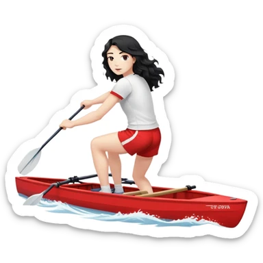 girl with long black wavy hair, white skin, wearing red shorts and white short-sleeve t-shirt, doing Olympic rowing in a long thin racing boat, facing fully right, slightly from a distance sticker