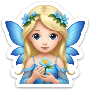 A shy fairy with soft blue wings, gently holding a glowing blossom.
 sticker