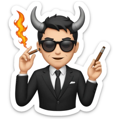 Minimalist emoji-style sticker of a devilish producer in black suit, tiny horns, dark sunglasses, and a smoking cigar, grayscale tones, matte style sticker