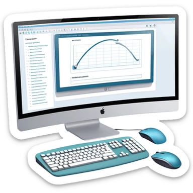 Create an emoji for UX/UI design. Large curved monitor, displaying UX/UI program design interface. Include a mouse, keyboard, and stylus, symbolizing the design process. Use modern, professional colors. Do not include any emojis or smiley faces. Make the background transparent. sticker