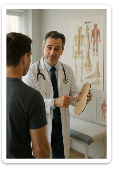 A realistic, cinematic illustration of a professional male doctor in his mid-40s, wearing a white coat, calmly explaining to a patient the benefits of using orthopedic insoles (plantari) for posture correction. The doctor holds a custom insole in his hand while pointing gently to a detailed anatomical poster showing the human spine, pelvis, and feet, illustrating the connection between foot alignment and posture. The setting is a bright, clean medical office with soft natural lighting, a treatment table, and educational anatomical charts in the background. The patient, seen from behind, listens attentively, while the doctor maintains a warm, knowledgeable expression, emphasizing preventive care and body alignment through plantar support. The scene feels trustworthy, modern, and health-focused. sticker