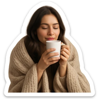 brunette girl cozy in a blanket sipping coffee with eyes closed, peaceful and relaxed sticker