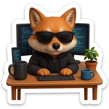 Make the fox realistic, a fox programmer hacker wearing a hoodie and glasses, sitting at a computer. Style: emoji style, no text, transparent background. sticker