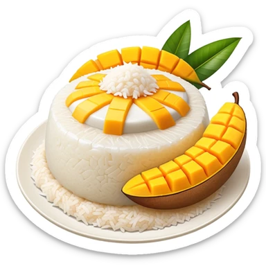 cinematic-realistic-mango-sticky-rice-dessert-emoji,-showcasing-sweet-sticky-rice out of a mould-paired-with-ripe-mango-slices-and-coconut-milk-rendered-with-lifelike-detail-and-warm,-inviting-lighting with the coconut  milk over the rice sticker