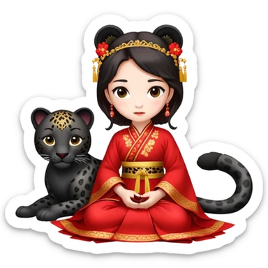 A beautiful girl in red Hanfu wedding dress sits on the ground holding a black leopard sticker