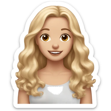 White girl with long wavy blonde hair and brown eyes  holding a light chihuahua dachshund cocker spaniel mix happy with shorter fluffy ears sticker