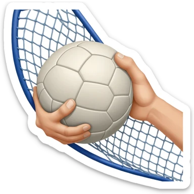 A close-up of a hand gripping a handball, with the handball gates visible in the background. The focus is on the texture of the ball and the strength of the grip, with the goal net slightly blurred to emphasize the anticipation of the throw. sticker