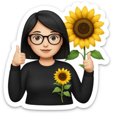 Make my biology teacher shes light brown, wears glasses, female, fat, all black sweater down and sunflower shirt under and make her give 1 thumbs up and she has black hair and chubby sticker