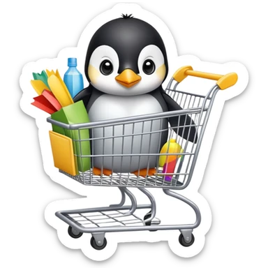 cute baby penguin sitting in a shopping cart filled with shopping items and colorful shopping bags sticker