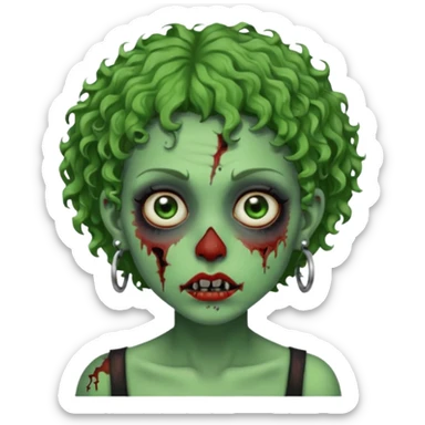 faça uma cabeça verde de zumbi femenina, com im cabelo curtinho cacheado, piercing no nariz, e brincos na orelha e várias cicatrizes, deixe ela macabra sticker