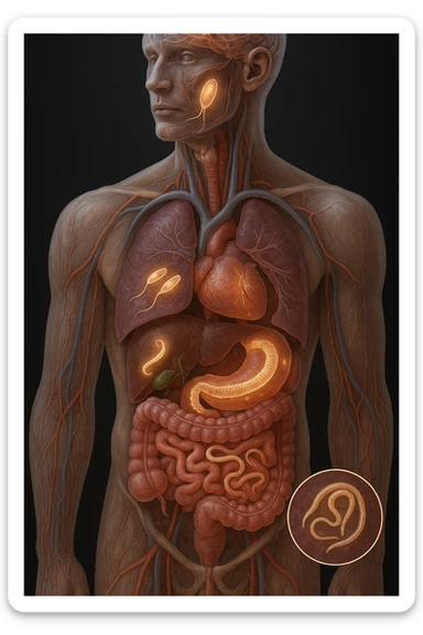 Vertical, hyper-realistic 3D cutaway illustration: the human body is shown in semi-transparent layers, exposing various types of parasites (tapeworms, roundworms, protozoa) inside the digestive tract and other organs. The parasites are rendered in vivid detail, with realistic lighting and shadows. Key areas of infection are highlighted sticker