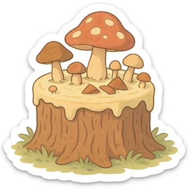 a tree stump cake topped with mushrooms, forest dessert concept, soft pastel colors, ghibli style sticker