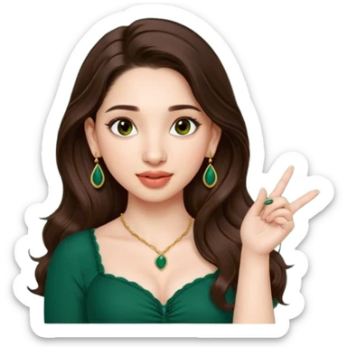 pretty bratz genmoji that looks like tamannah bhatia (bollywood actress), wearing a dark green sweetheart neckline top, dark brown hair, light makeup, no necklace, dangly earrings, SIDE hair part, fair. dark brown eyes, long hair

Show her licking her finger  sticker