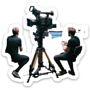 pixel art style, large high resolution image of a film crew collaboration: multiple members (cameraman, sound engineer, director) working together around a broadcast camera, dynamic atmosphere, wide shot, team spirit sticker