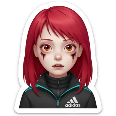 Crie um emoji de uma menina com bochecha gordinha com o cabelo vermelho longo com uma franja reta zumbi casaco de gola alta da adidas sticker