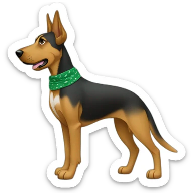 75% Coonhound 25% German Shepherd mix dog wearing small plain green bandana side view full body in profile left facing sticker