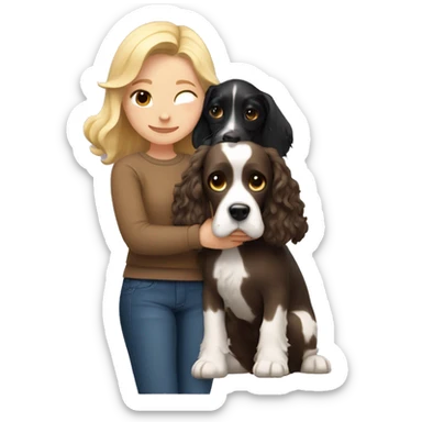 A blonde girl in a brown sweater hugs a black and white English Cocker Spaniel dog sticker