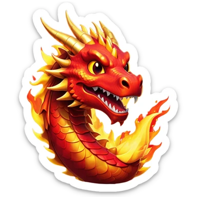Cinematic Comical Fierce Fire Dragon Portrait Emoji, Head tilted dramatically with an exaggeratedly amused expression, featuring a striking, flame-draped body with bold, blazing scales in intense red and molten gold, and eyes twinkling with fiery mischief; rendered with vivid, lifelike textures and dynamic, flickering shadows, high shine, dramatic yet playful, styled with an air of cheeky volcanic mischief, soft glowing outline, capturing the essence of a spirited and over‐the‐top inferno that looks ready to burst into a cascade of playful embers! sticker