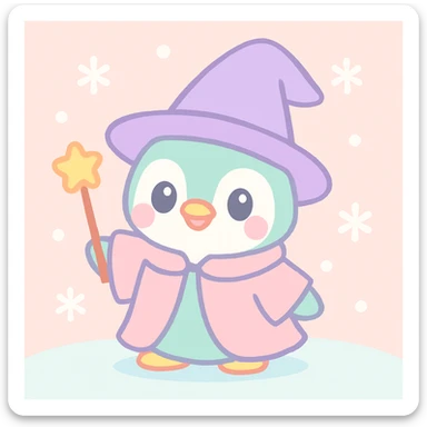 cute and charming penguin wizard wearing robe and hat, snowy background sticker