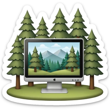 Minimalistic flat vector icon, iOS style, thin black contour on white background. Computer monitor with a simple forest scene on the screen (trees, minimal landscape). Clean, no text, no shadows sticker