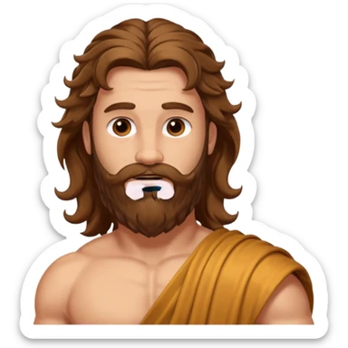 Hercules from The Olympians with long brown wavy hair and beard, bronze toga sticker
