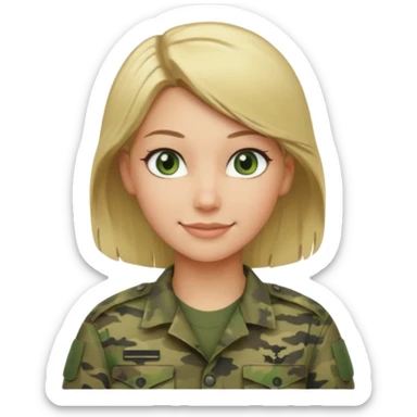 Apple-style emoji: female soldier, bust, no cap/helmet, friendly smile, generic camo top, blonde hair sticker