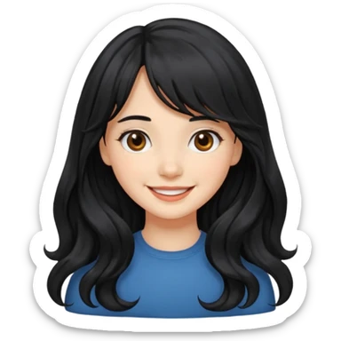 Please generate a portrait of a pretty girl with long, wavy, black hair. She's smiling. She also wears a middle parting and bangs. sticker