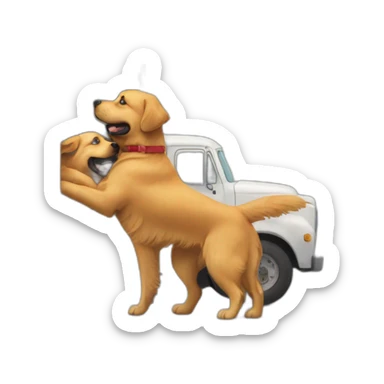A Golden retriever and a rottweiller hugging in a moving truck sticker