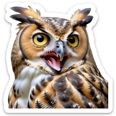 Cinematic Cute Yawning Great Horned Owl Portrait Emoji, Head tilted slightly with a dramatic, wide-open yawn, showcasing a soft, downy mottled plumage with gently drooping feathers, round golden eyes barely open in drowsy contentment, Simplified yet irresistibly adorable features, highly detailed, glowing with a soft, cozy glow, high shine, relaxed yet expressive, stylized with a touch of nocturnal whimsy, bright and endearing, soft glowing outline, capturing the essence of a sleepy yet affectionate owl, so drowsy it feels like it could glide out of the screen and curl up for a nap! sticker